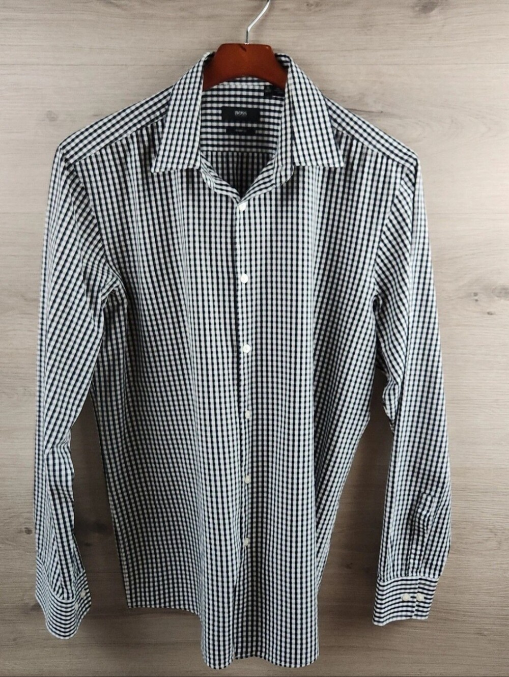 Boss Dress Shirt Mens 16 Black White Long Sleeve Button Up Check Sharp Fit - Picture 2 of 8